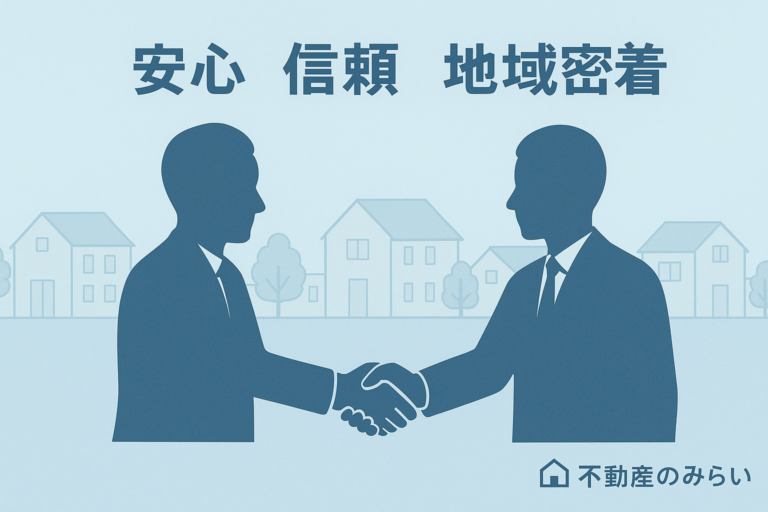 柔らかな青グレー背景に、「安心・信頼・地域密着」をテーマにした握手のシルエット。締めくくり用の穏やかな雰囲気。