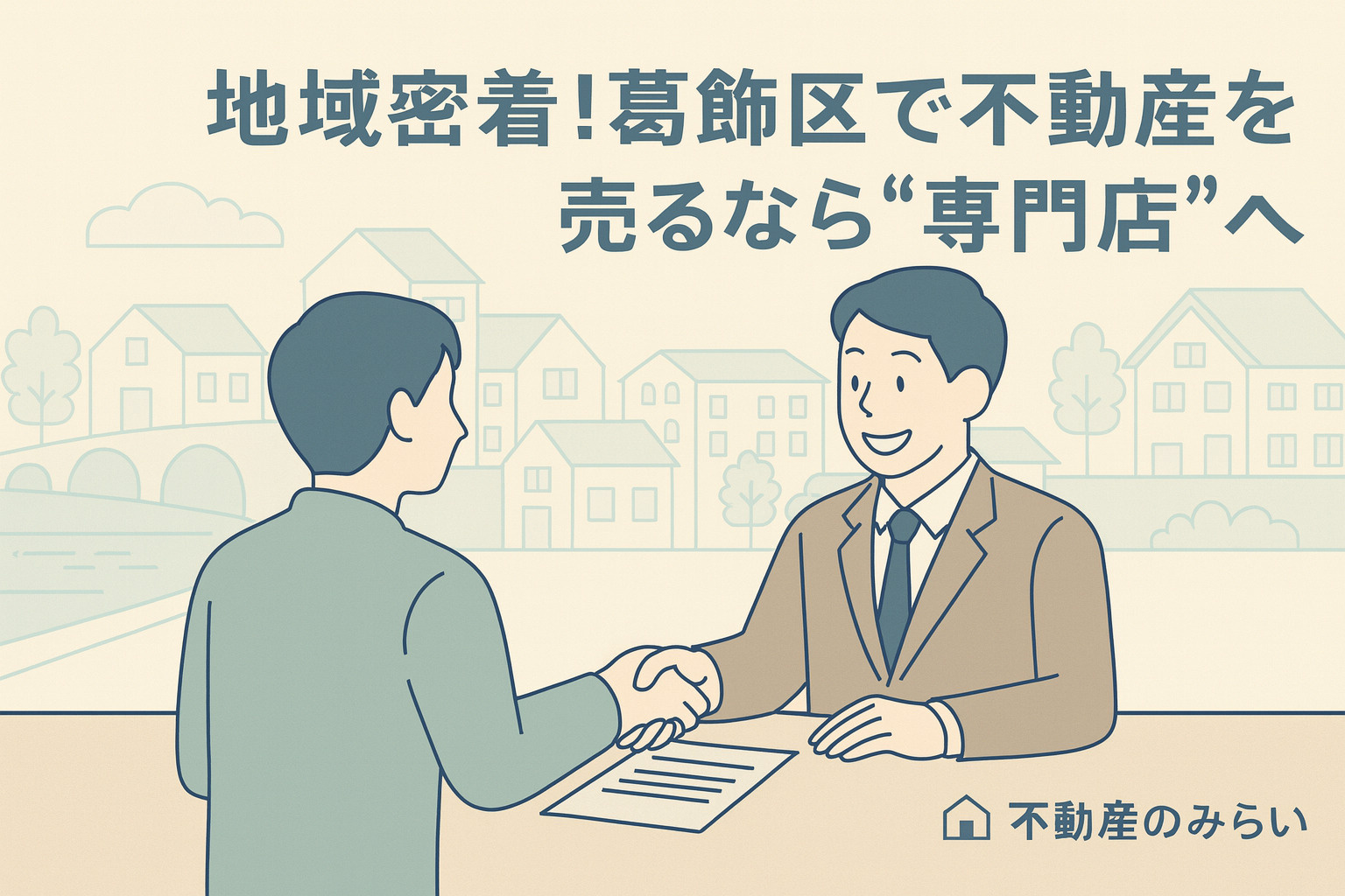 パステル調の青×グレー基調で、葛飾区の住宅街（新小岩・立石）を背景に、笑顔で握手する売主とスタッフ。中央に「地域密着！葛飾区で不動産を売るなら“専門店”へ」、右下に「不動産のみらい」ロゴ入り。