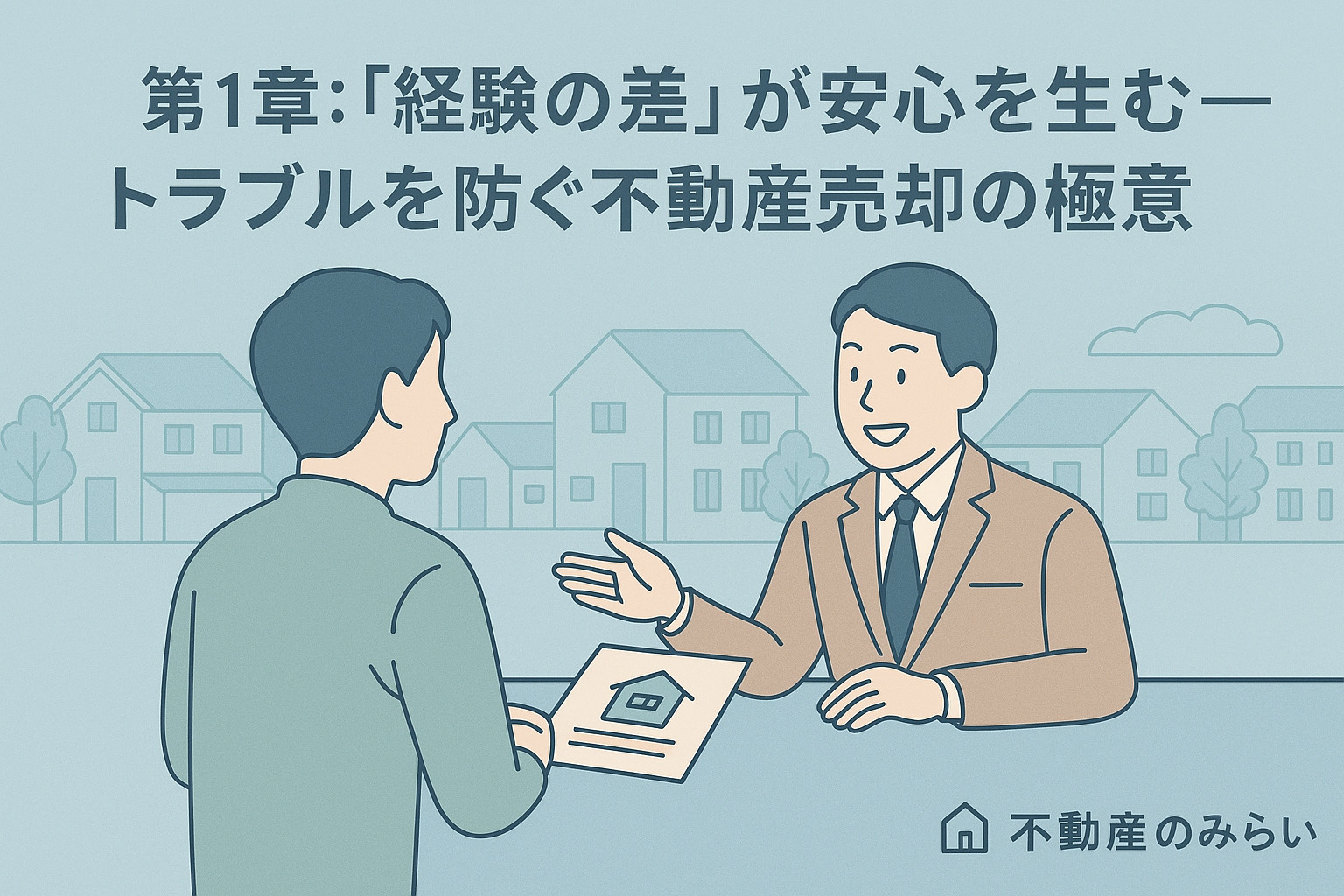 不動産スタッフが契約書を前に説明しているシーン。安心・安全・トラブルゼロを象徴する青×グレー基調のフラットデザイン。