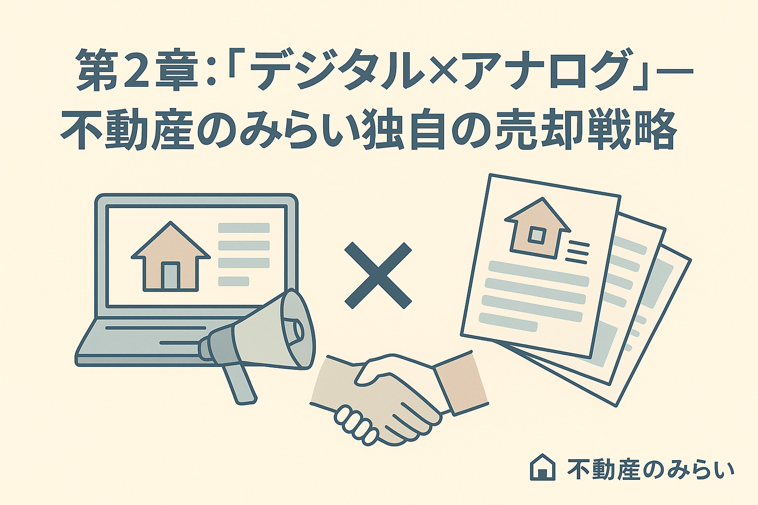 不動産スタッフがパソコンやスマホを使い、デジタル広告とチラシを同時に扱っているイラスト。オンライン×地域密着の販売戦略を表現。
