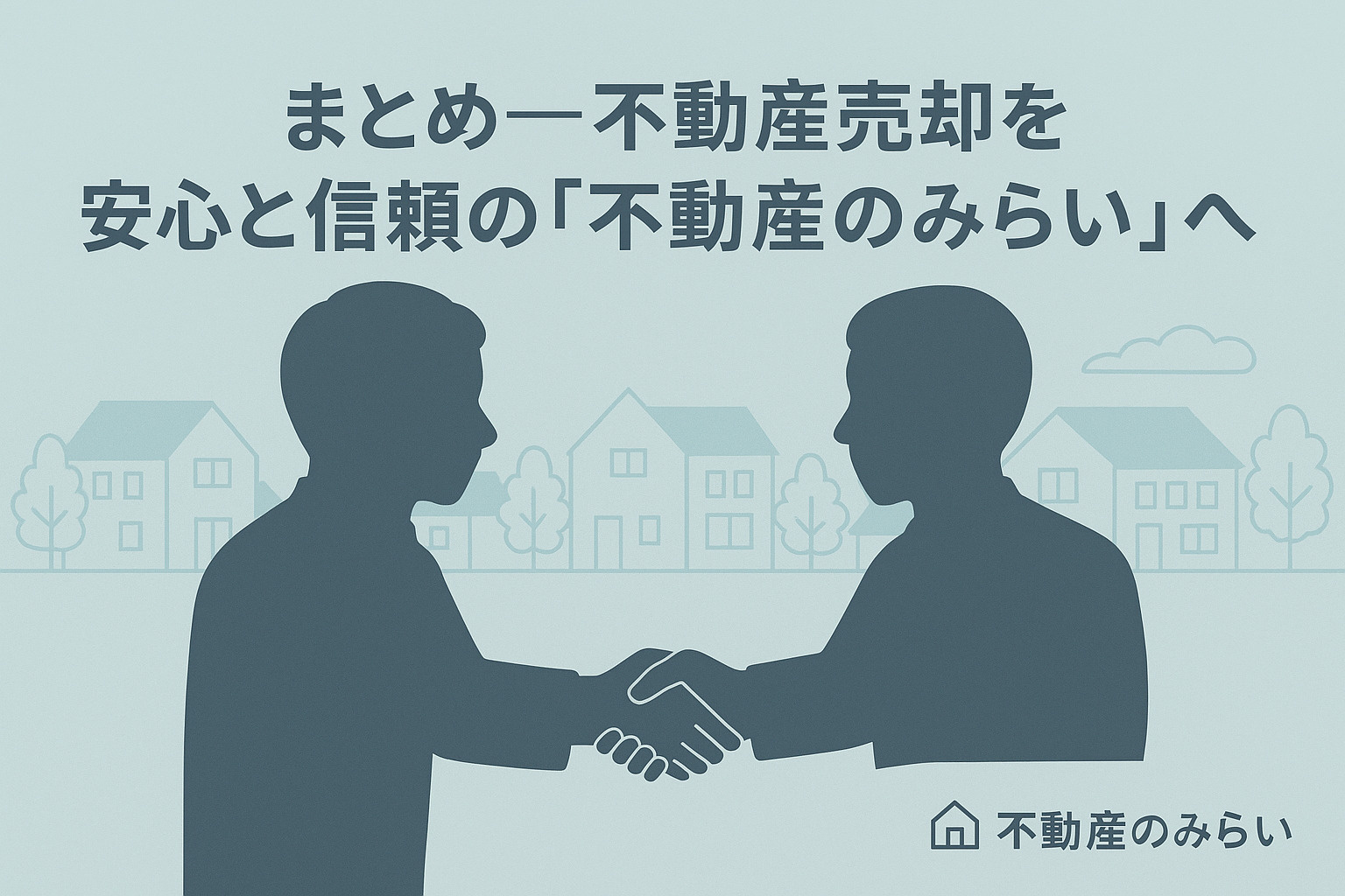 柔らかな青グレー背景に「安心・信頼・地域密着」の文字と握手のシルエット。締めくくりにふさわしい穏やかな印象のデザイン。
