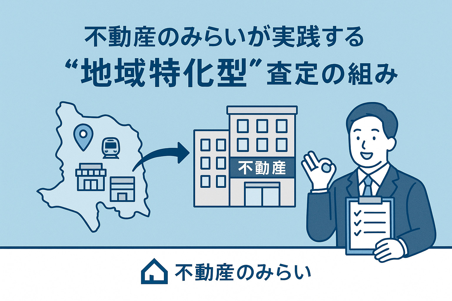 「地域特化型査定の仕組み」をイメージした分析・地図・データ風のデザイン