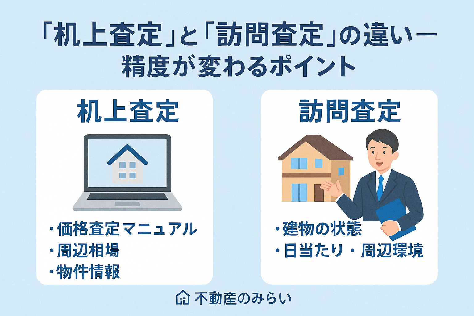 「机上査定」と「訪問査定」の違いを表す比較イメージ（書類と現地調査を対比）