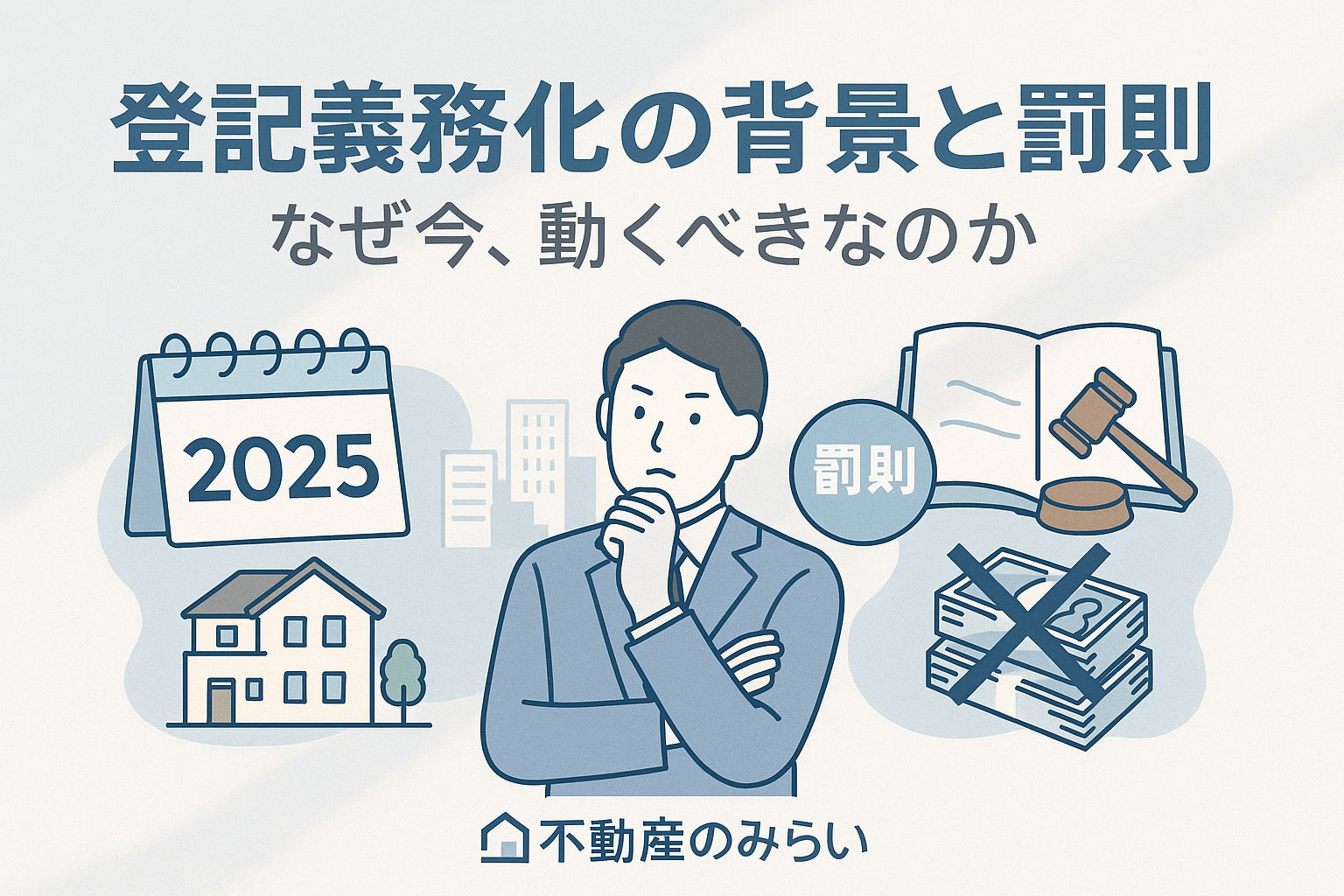 登記義務化の背景や罰則を説明するイメージ。法律書や登記簿、住宅を組み合わせた構図。