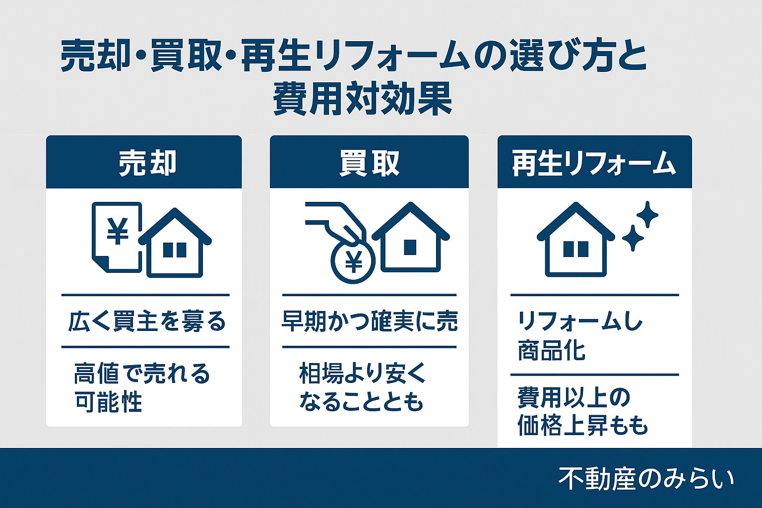 売却・買取・リフォームの違いと費用対効果を比較したイメージ図