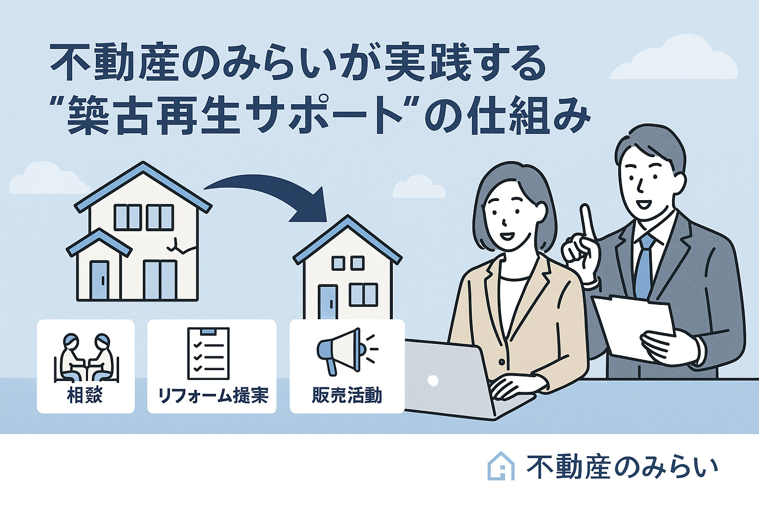 不動産のみらいが実践する築古住宅再生サポートの仕組みを示す図解