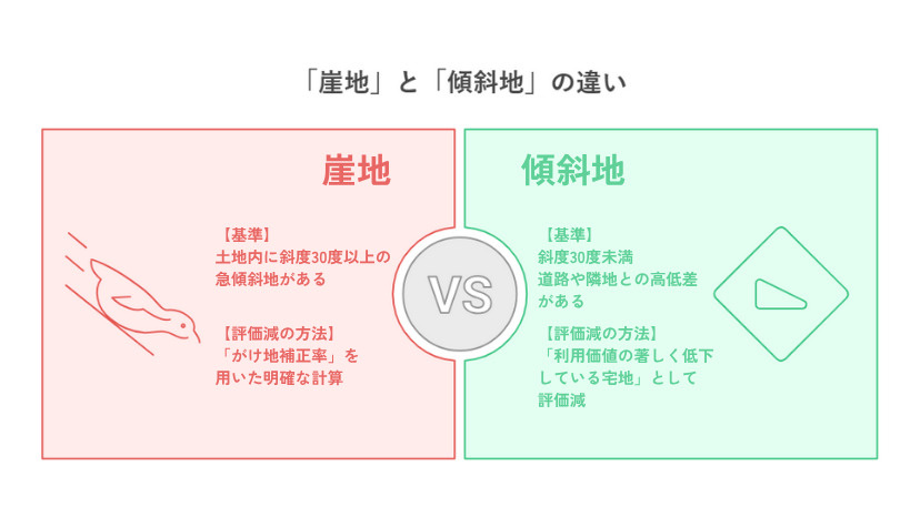 崖地と傾斜地の基準と評価の方法をまとめた図表