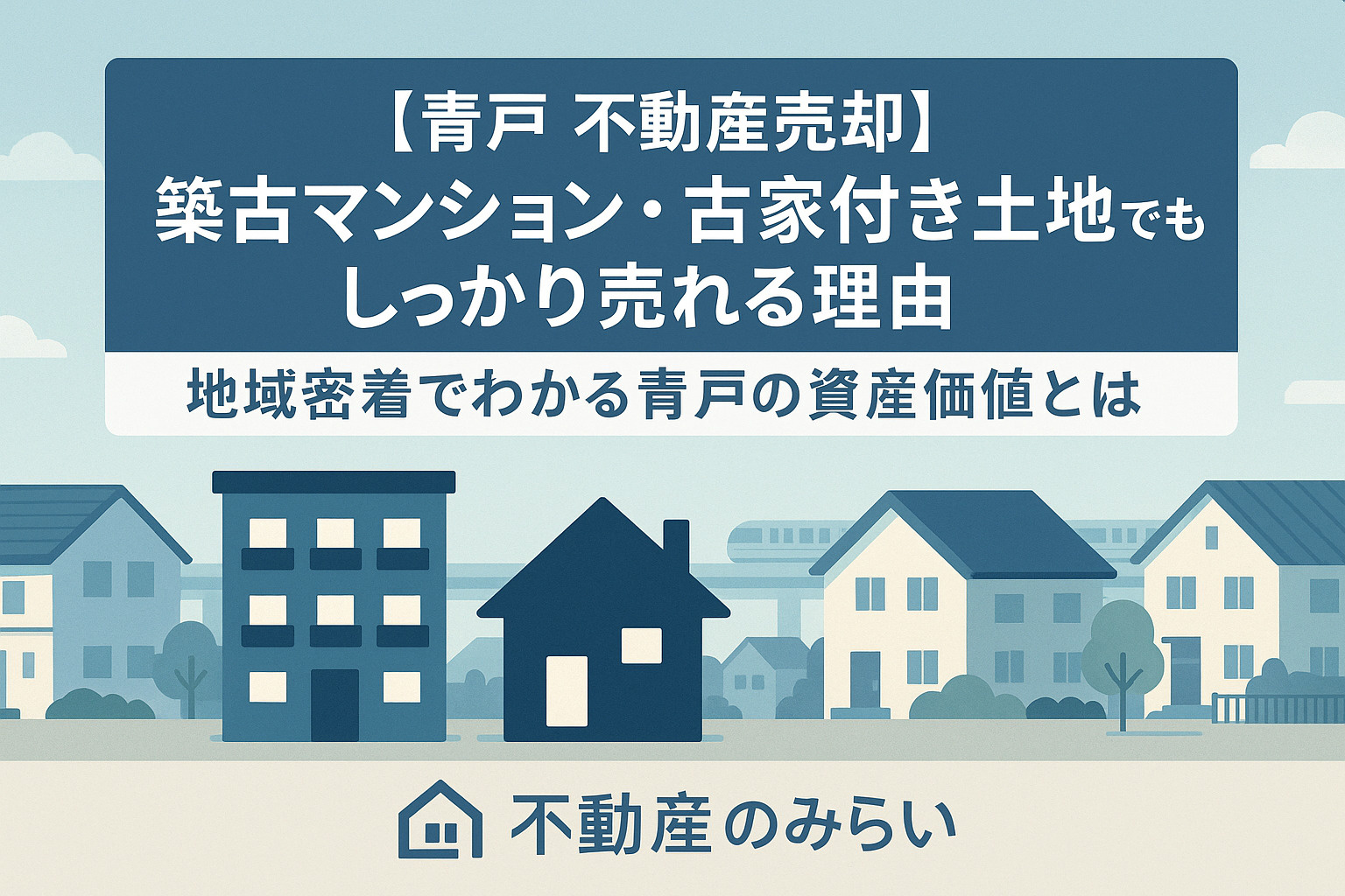葛飾区青戸の住宅街を背景に築古マンションと古家付き土地の売却をイメージしたフラットデザインの画像