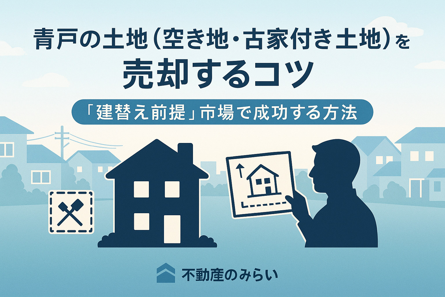 古家付き土地や境界問題など青戸の土地売却ポイントを示すイラスト画像