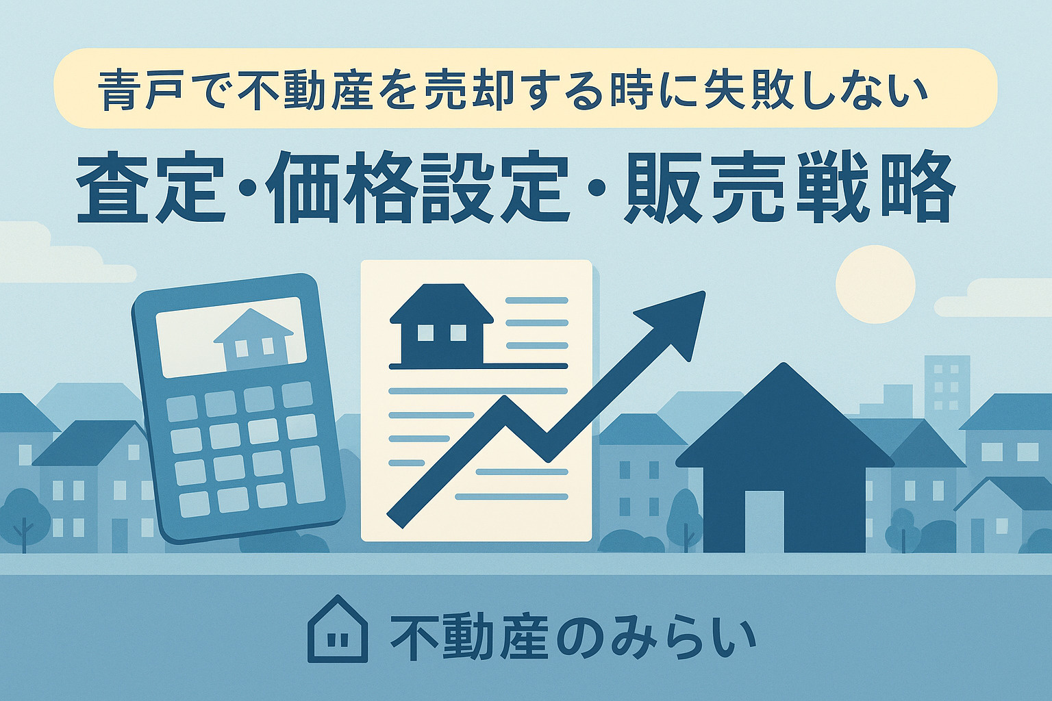 青戸の査定と価格設定の注意点を示す電卓・書類・家のアイコンを使った画像