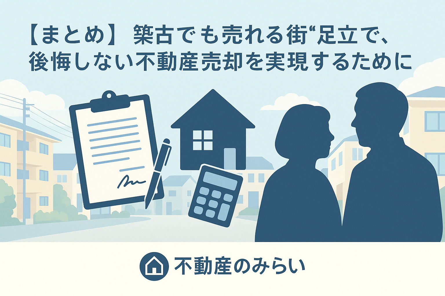 足立区で築古不動産を売却し新生活を始める様子をイメージした住宅街のイラスト