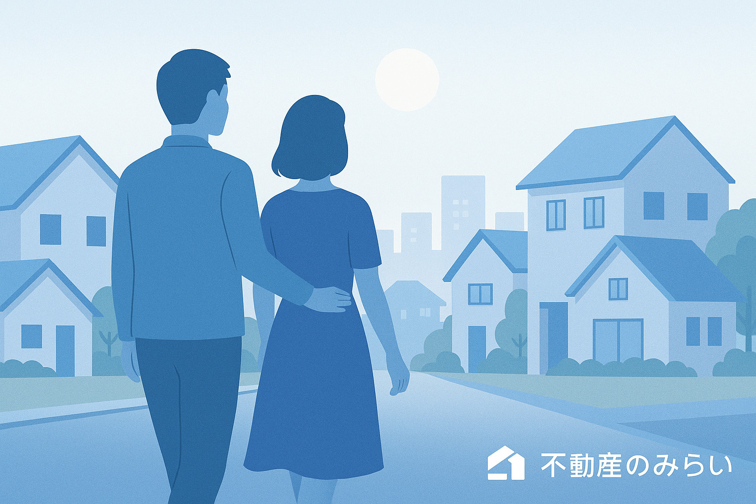 綾瀬で新しい生活へ向かう夫婦シルエットと住宅街の未来的イラスト