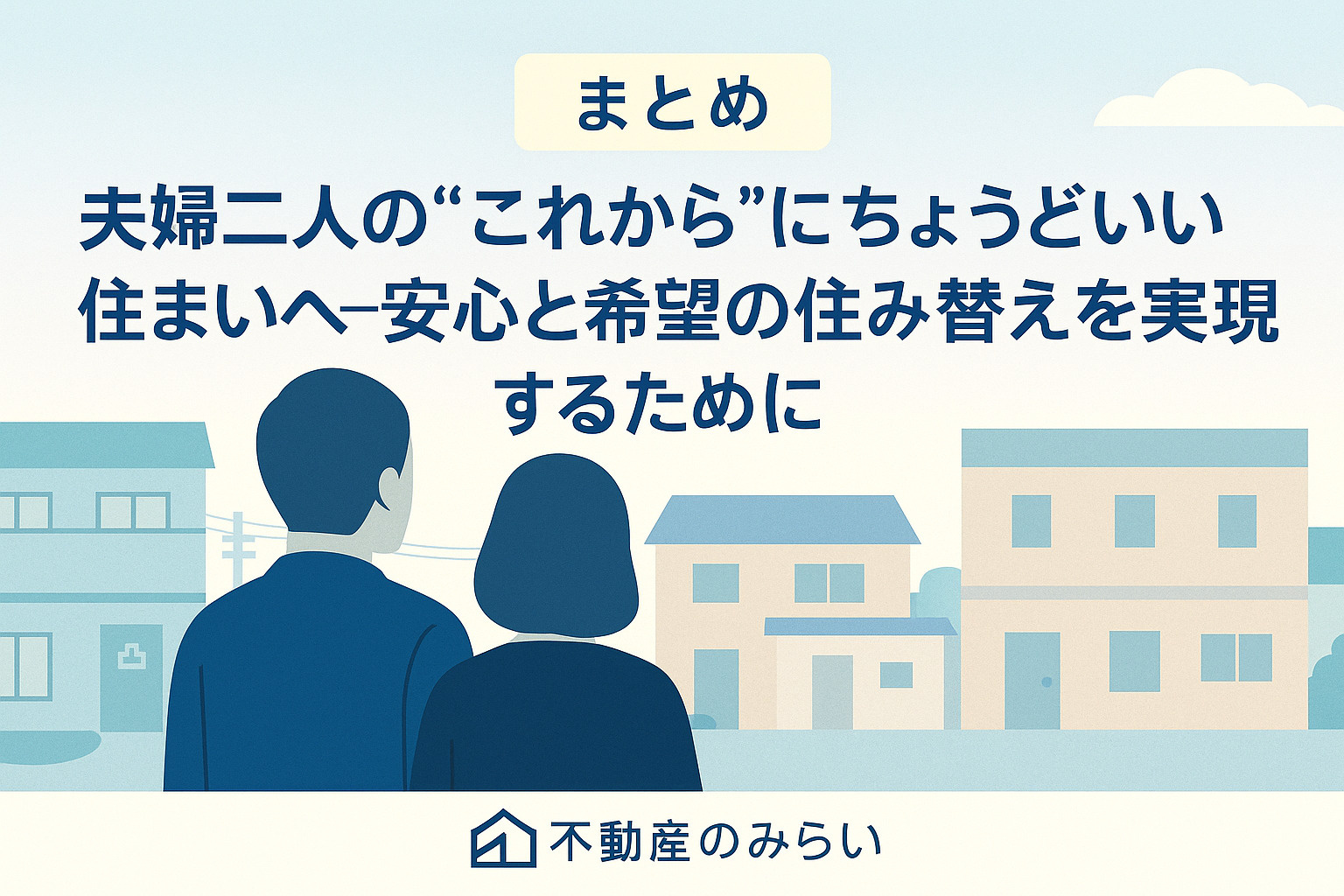 お花茶屋で夫婦二人が新たな暮らしへ歩むシルエットと夕景の住宅街を描いた画像