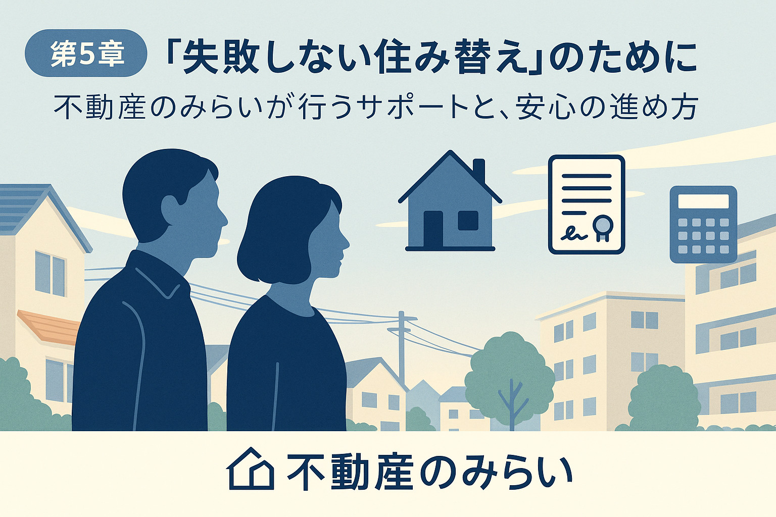 不動産のみらいのサポート風景を描いた、夫婦と担当者の相談シーンの温かいイラスト