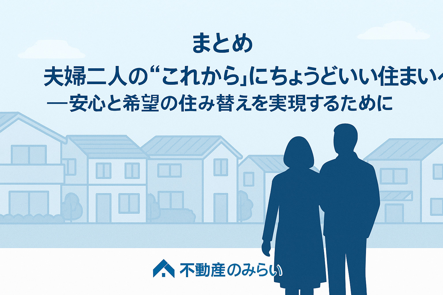 青井・中央本町・弘道で新しい暮らしへ向かう夫婦の後ろ姿と夕暮れの街並みを描いた画像