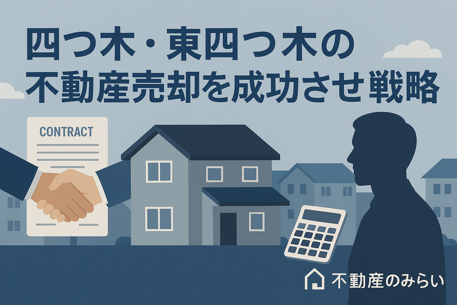 家の模型と契約書・電卓を用いた不動産売却の戦略シーン。