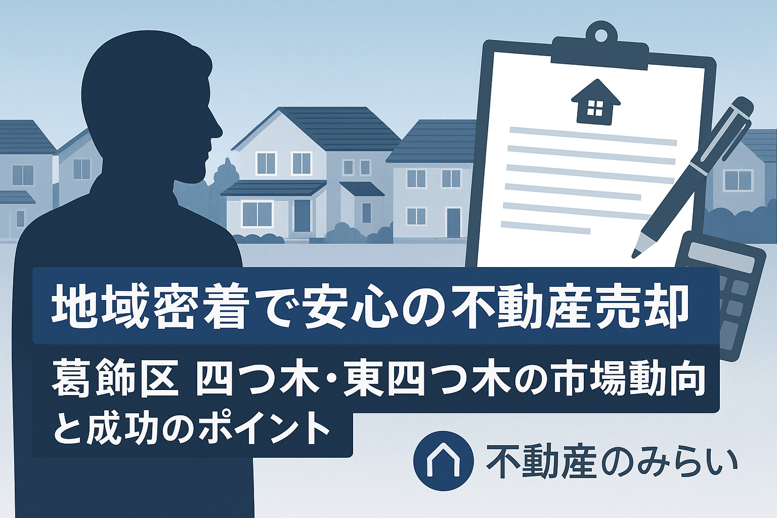 四つ木の街並みと未来に続く道路。不動産のみらいの信頼を象徴するイメージ。