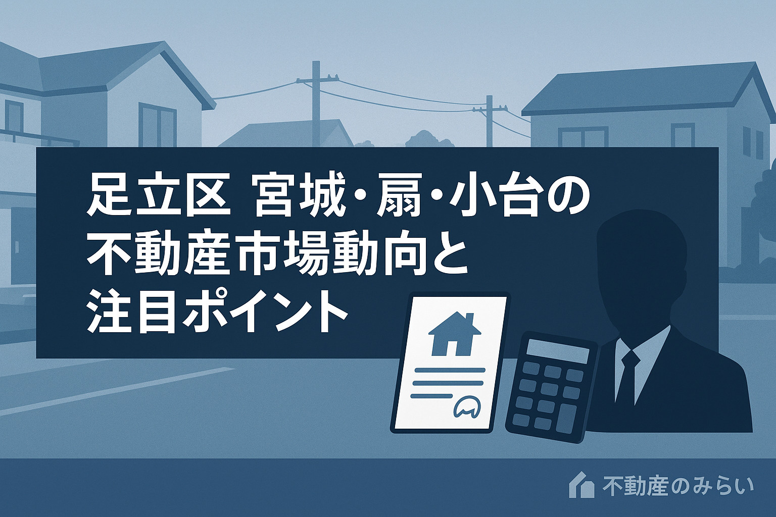 契約書と家の模型、電卓が並ぶ机上。不動産売却戦略のイメージ。