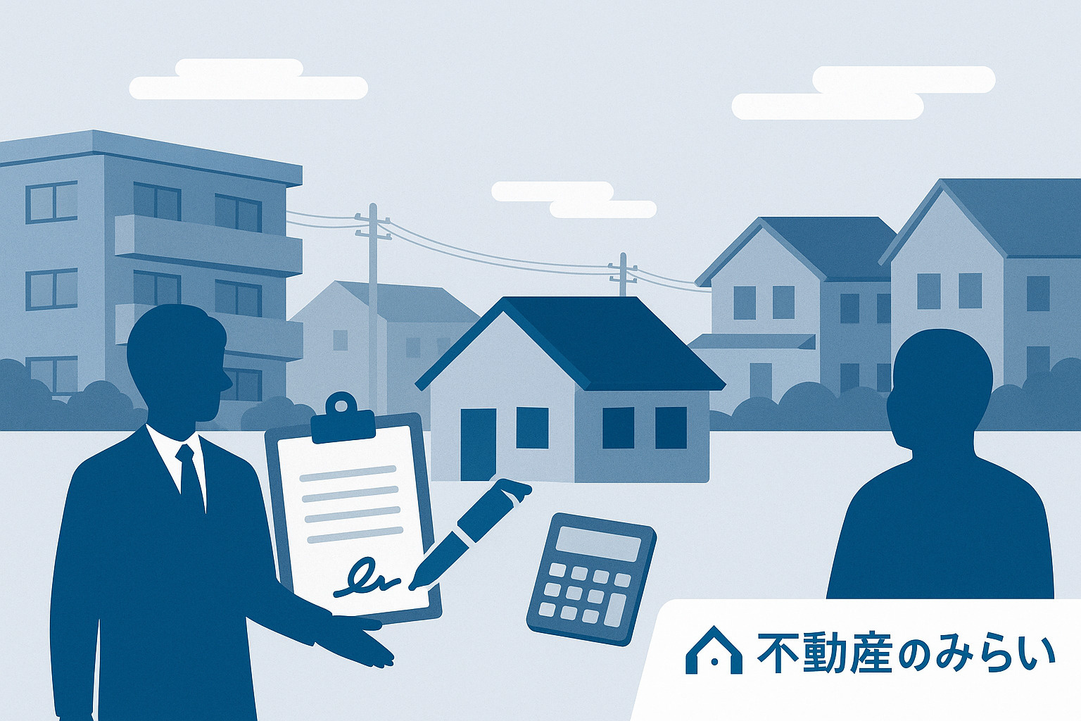 家の前で握手を交わす人物と住宅。成功事例・信頼の象徴。