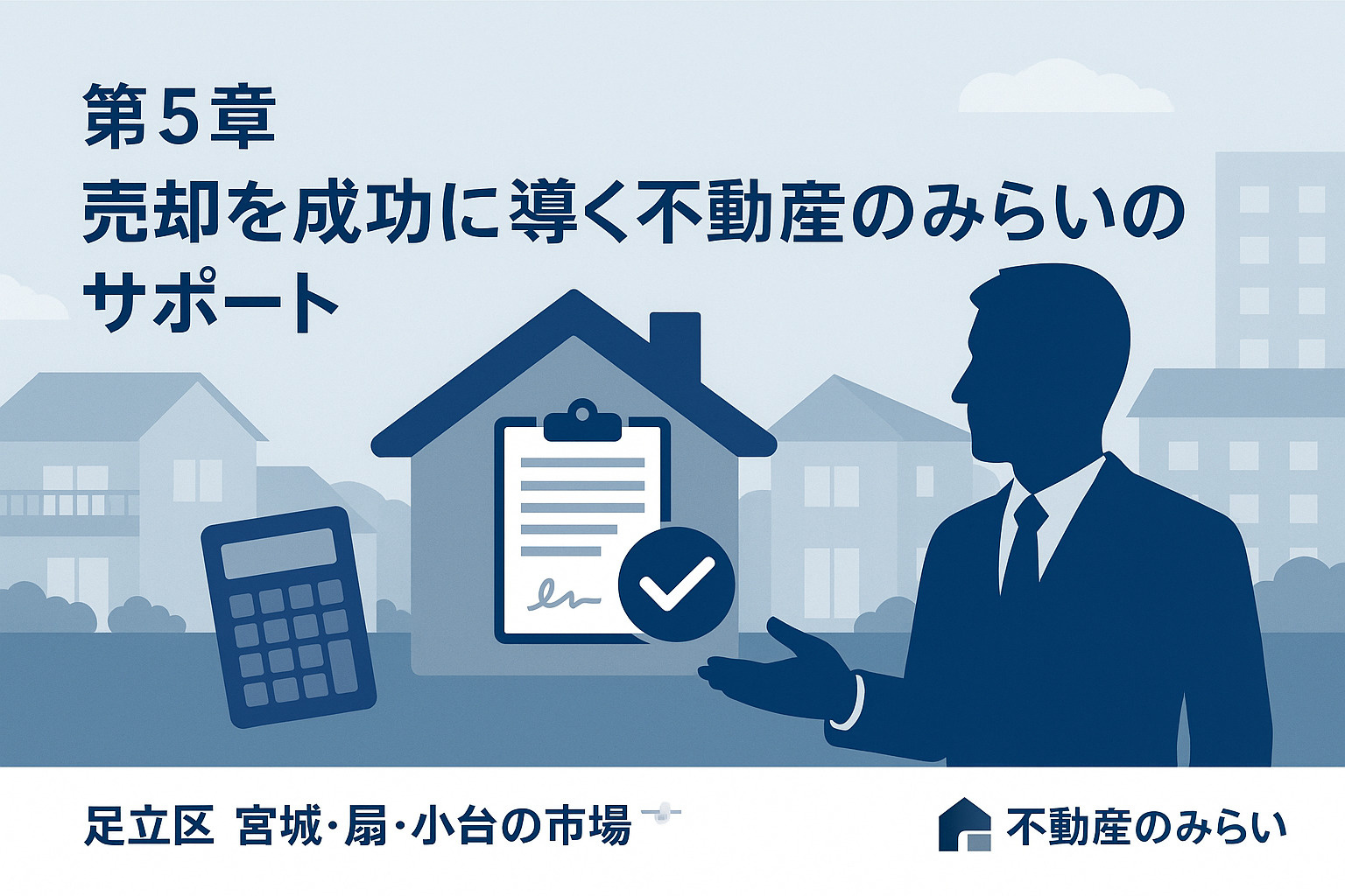 新しい家へ向かう家族と広がる住宅街。住み替え・再出発の象徴。