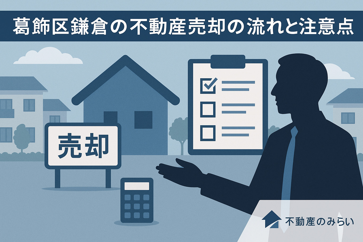家の前で握手を交わす人物と住宅。売却成功と信頼関係を表す構図。