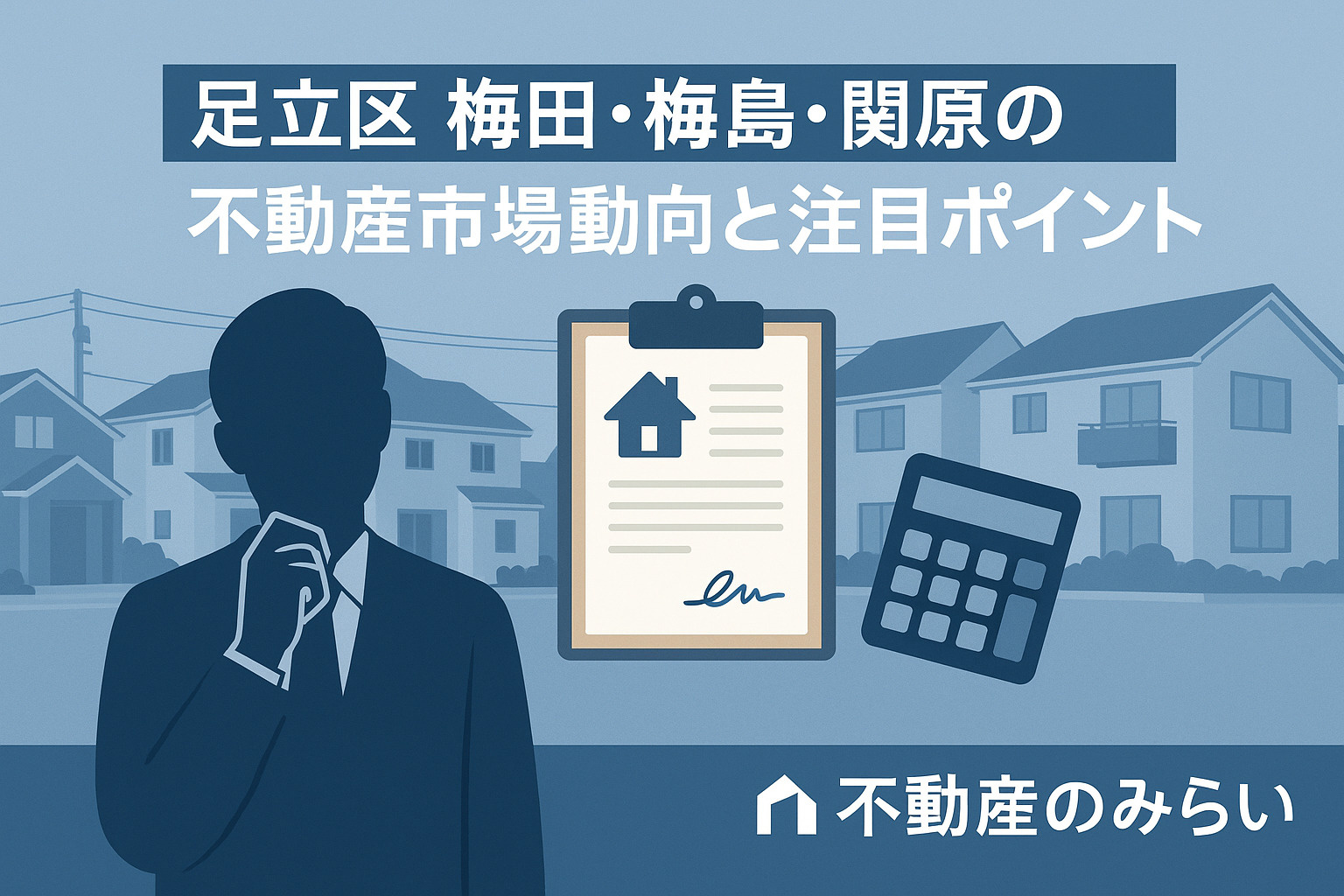梅田・梅島・関原の地図と上昇グラフ。不動産市場動向を示すビジュアル。