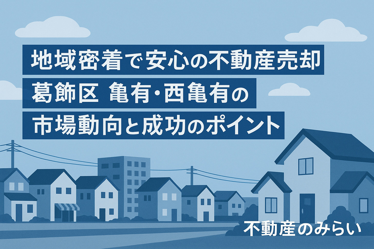 葛飾区亀有・西亀有の住宅街を背景にした不動産売却ブログタイトル画像。地域密着と安心感を表現。