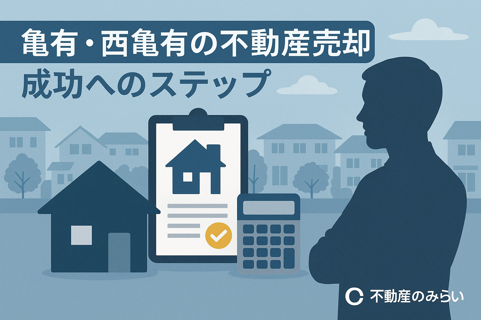 契約書・電卓・家模型を並べたデスク風景。不動産売却の流れと戦略を象徴。