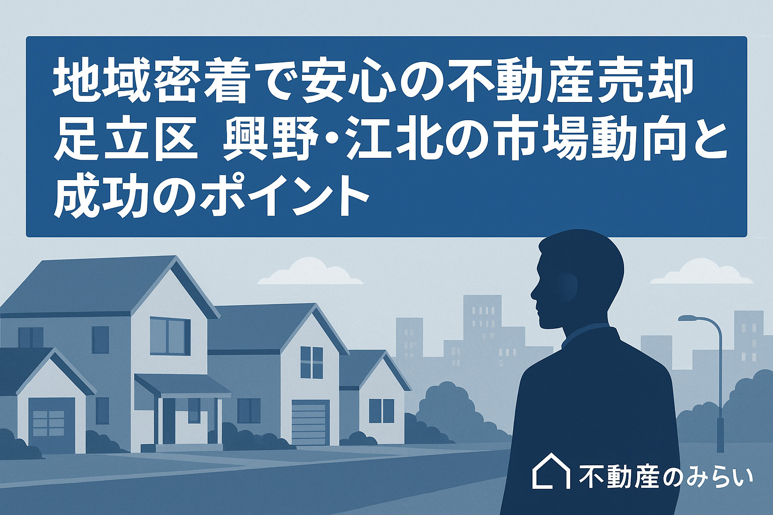 足立区興野・江北の街並みを背景にした不動産売却ブログタイトル画像。地域密着と安心感を表現。