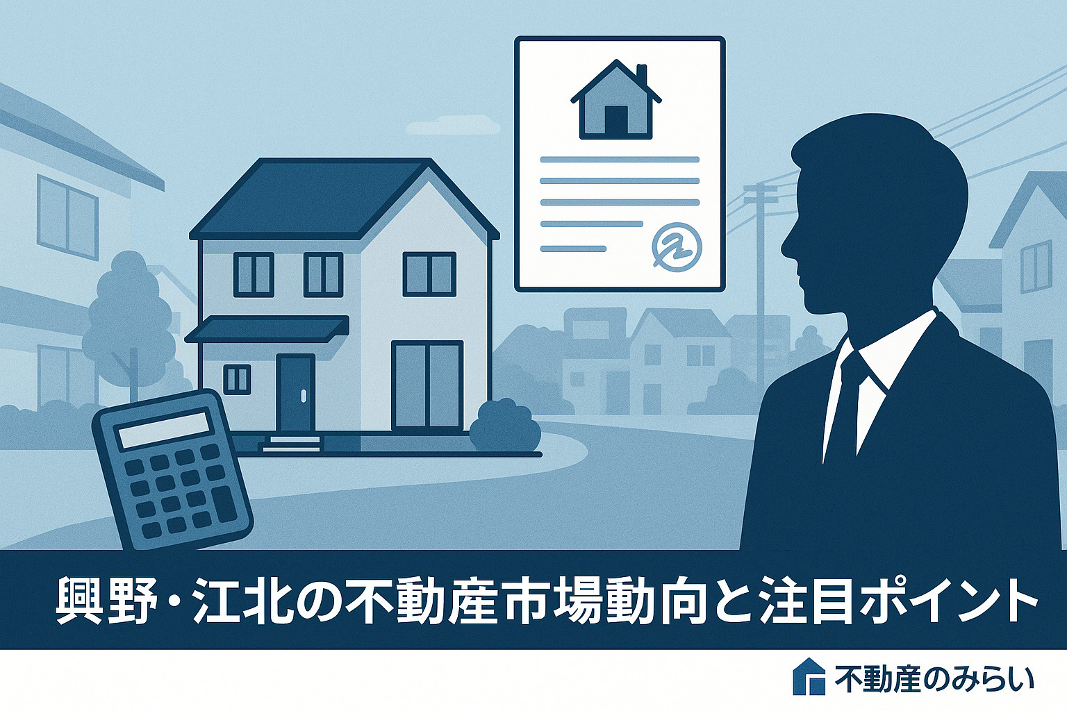 興野・江北の住宅街に光が差す風景。下町の温かさと暮らしやすさを伝える導入イメージ。