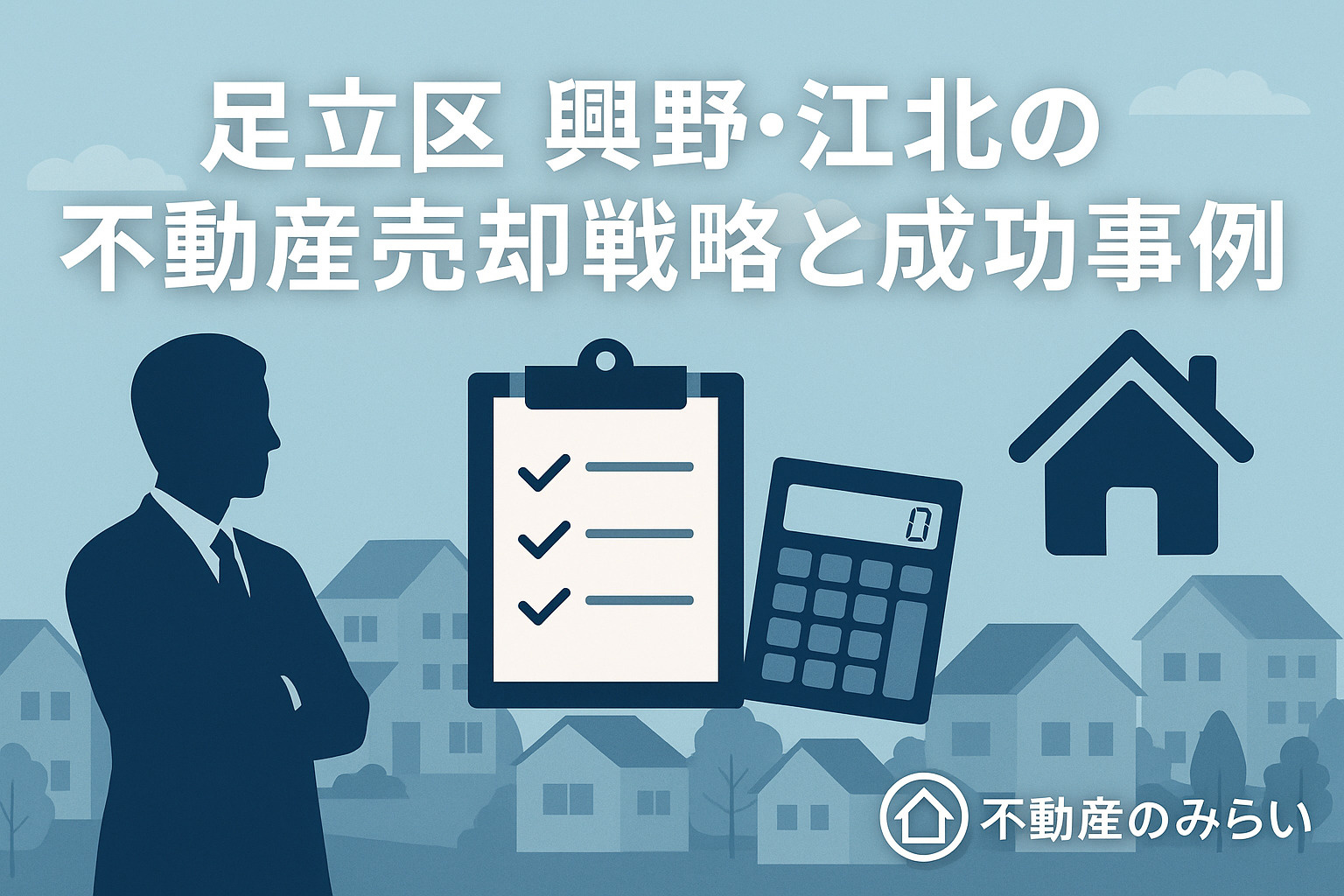 江北駅周辺の住宅街と上昇グラフ。足立区西部エリアの不動産市場動向を象徴。