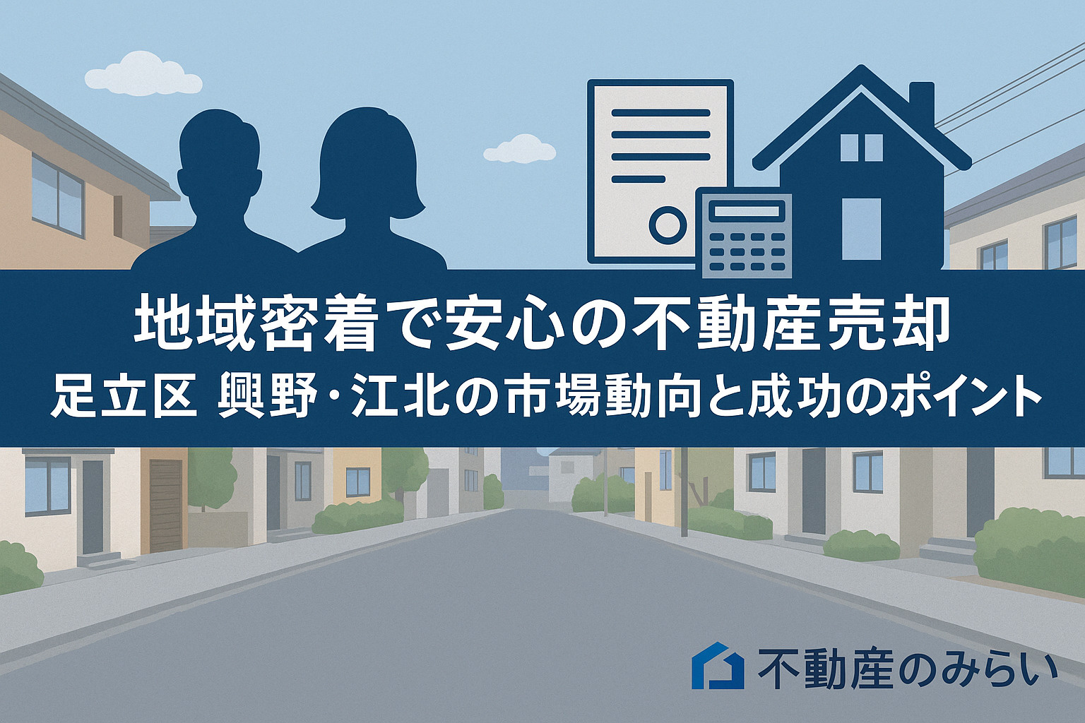 足立区の街並みに光が差す道。地域密着・安心・信頼の不動産売却を象徴する総括イメージ。