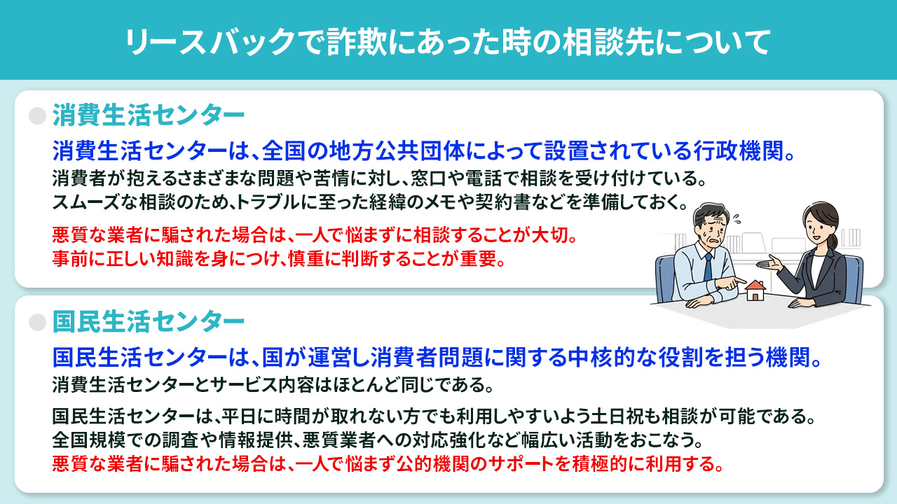 リースバックで詐欺にあった時の相談先について