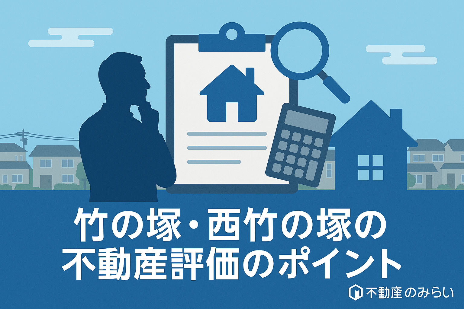 「竹の塚エリアの不動産売却戦略と成功ステップを表現した青×グレーのフラットデザイン画像」