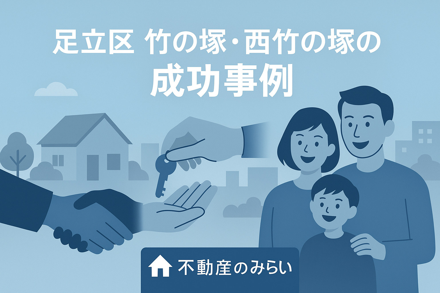 「竹の塚・西竹の塚の不動産売却成功事例をイメージした人物と住宅のイラスト」
