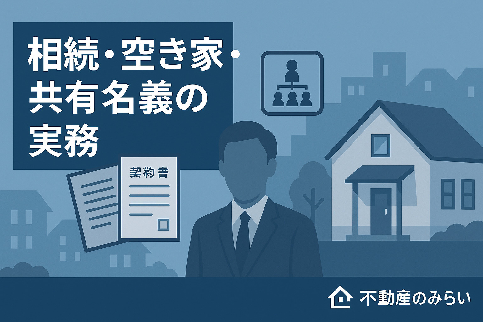 「相続・空き家・共有名義の問題を扱う書類と家のシルエットのフラットデザイン画像」