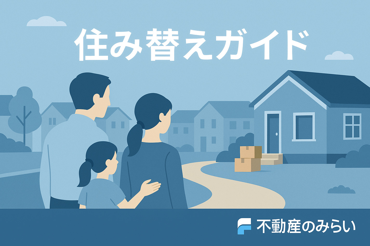「売却後の住み替えと新生活をイメージした住宅と家族のイラスト」