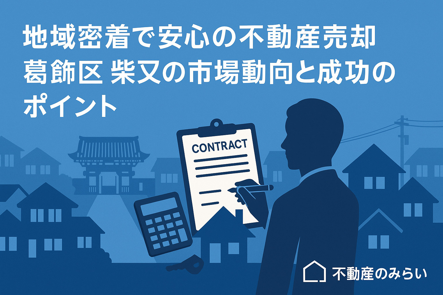 「葛飾区柴又の住宅街と参道を背景にした不動産売却ブログ序章のイメージ画像」