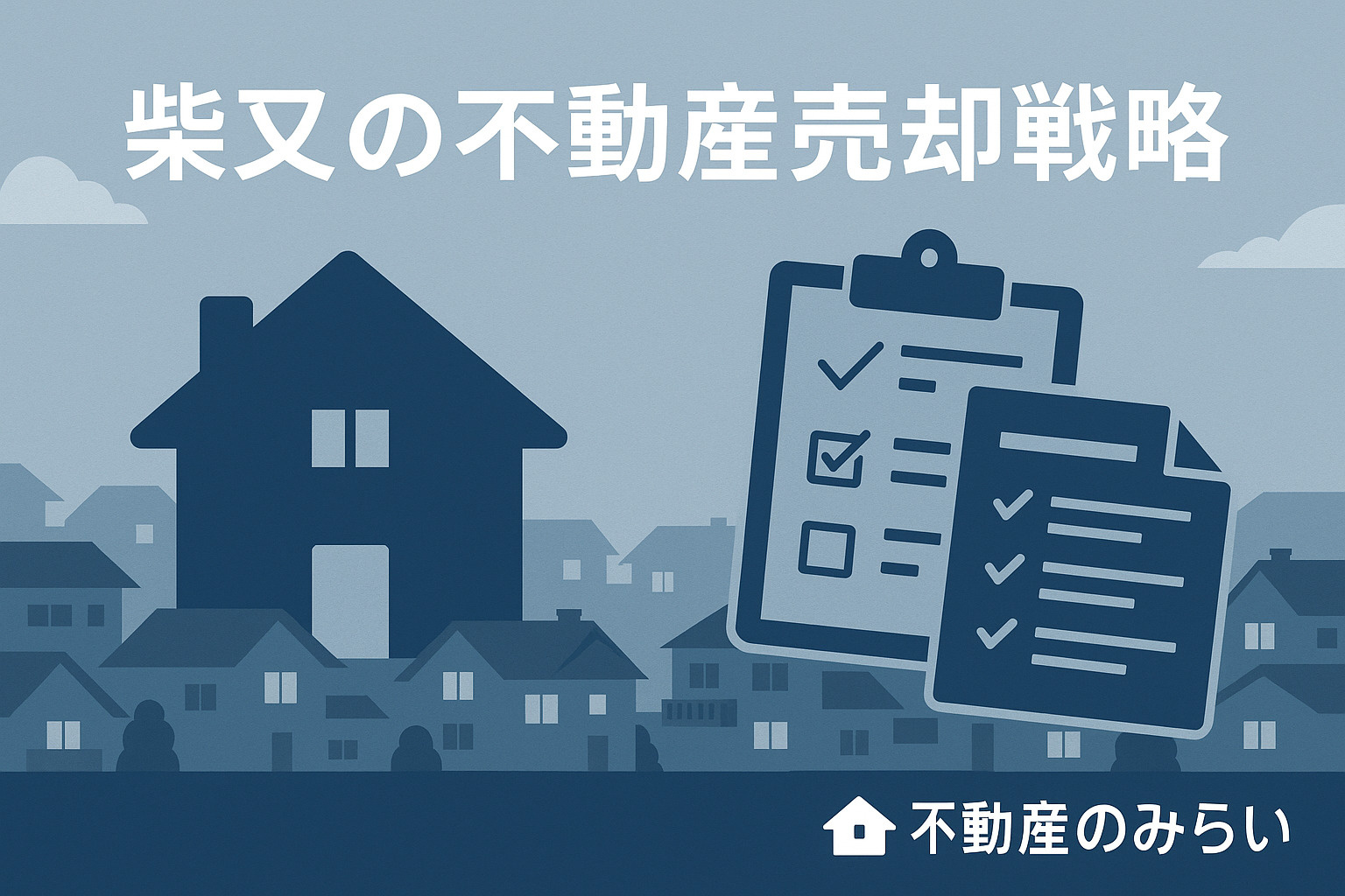 「柴又の不動産売却戦略と計画書を示すフラットデザインの画像」