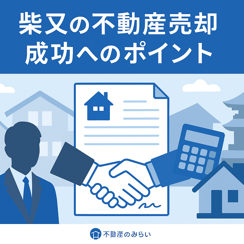 「柴又での売却成功事例を象徴する握手シルエットと住宅街の画像」