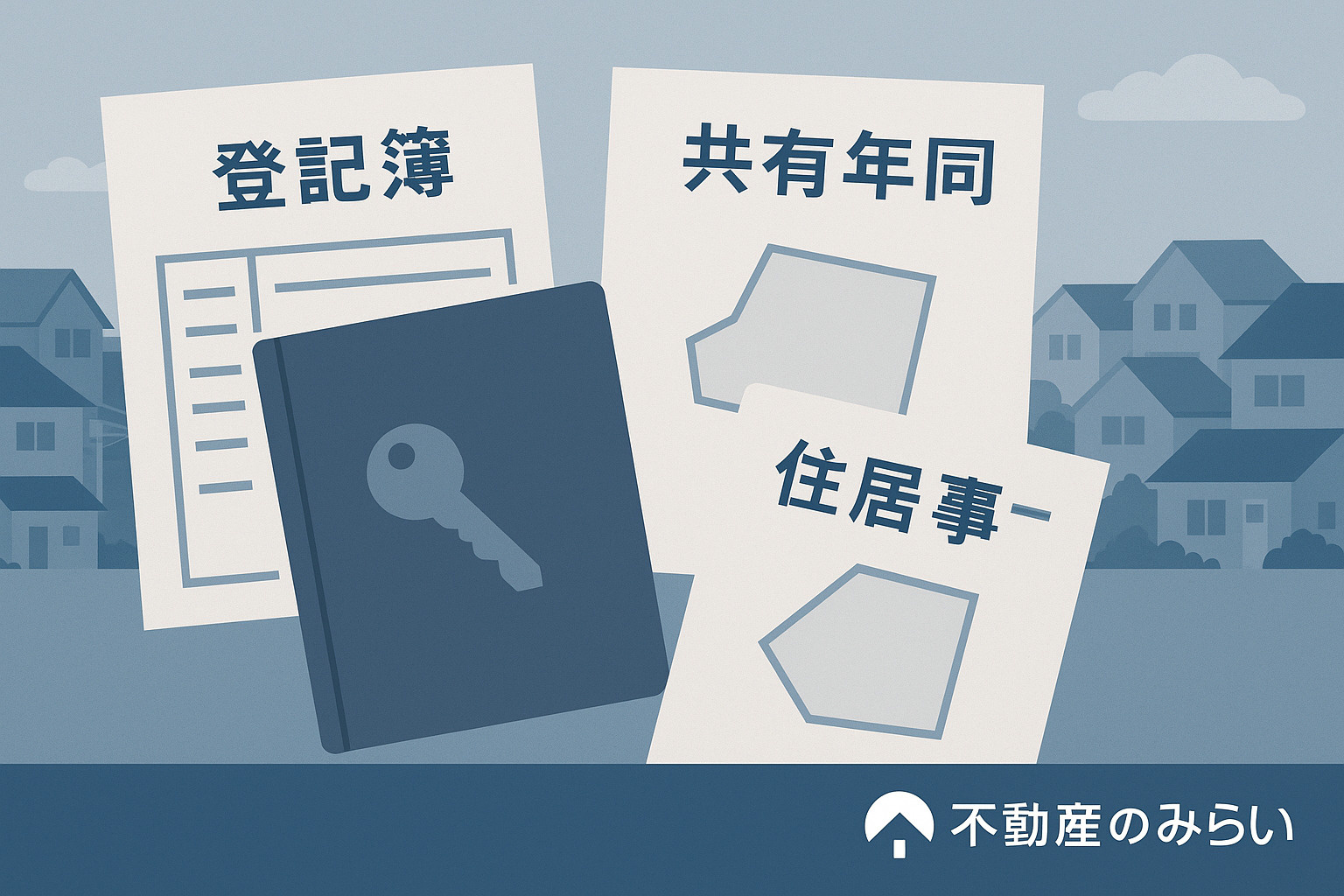 「柴又の相続・空き家・共有名義の整理を示す登記簿と鍵のイラスト画像」