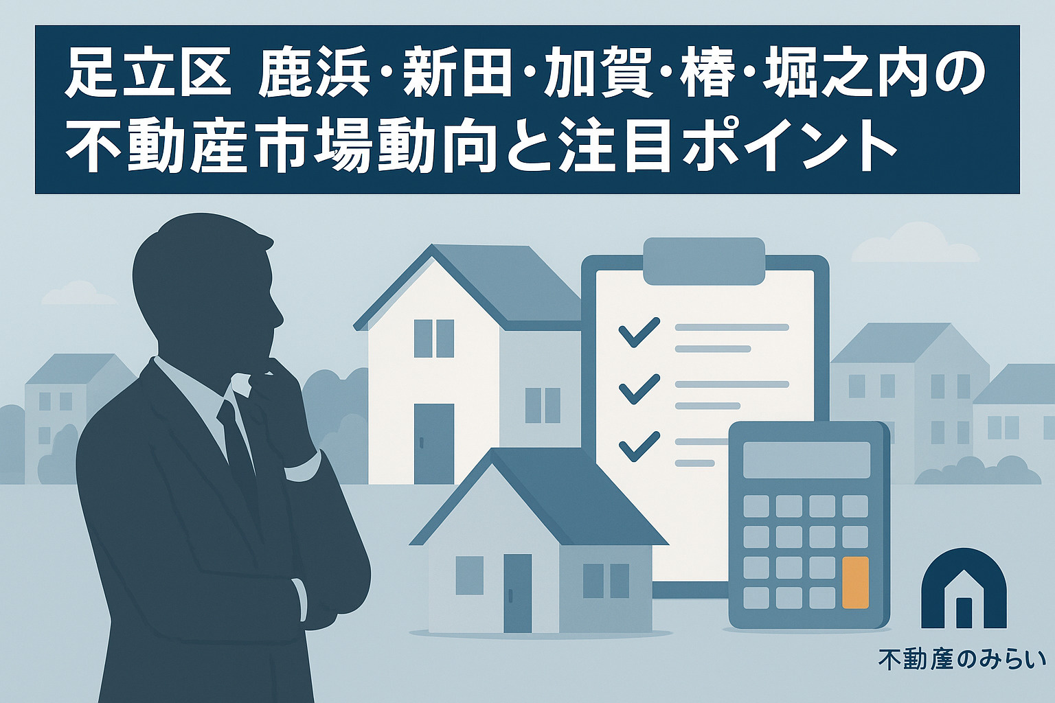 鹿浜・新田エリアの不動産市場動向を表す家並みとグラフのシルエット画像