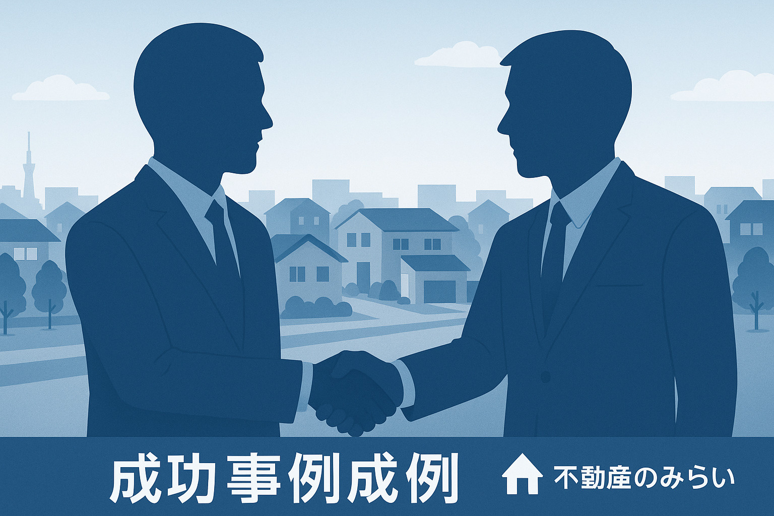 足立区北部の成功事例を象徴する握手シルエットと住宅街背景の画像