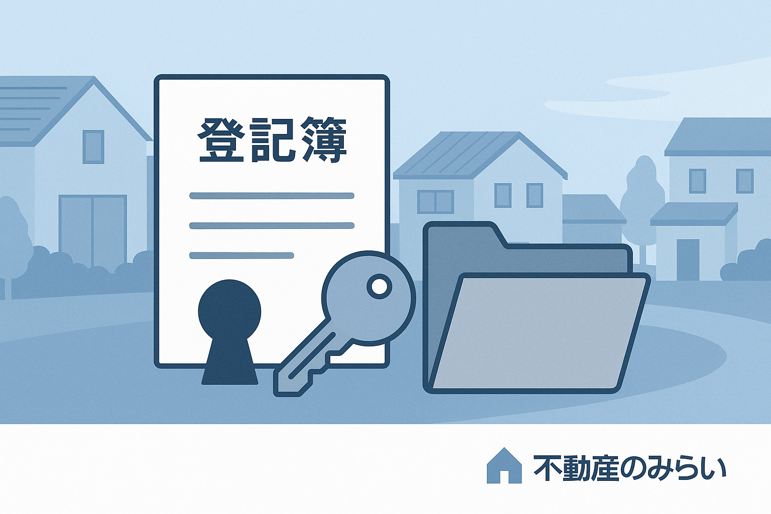 相続・空き家・共有名義の整理を表す登記簿や鍵のフラットアイコン画像