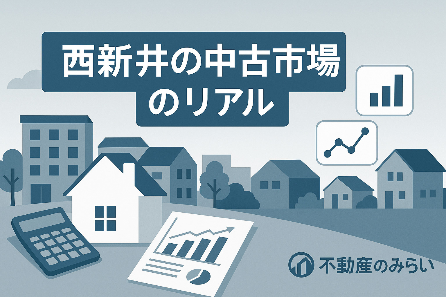 足立区西新井の中古市場性を解説する図（住宅街・グラフ・分析アイコン）