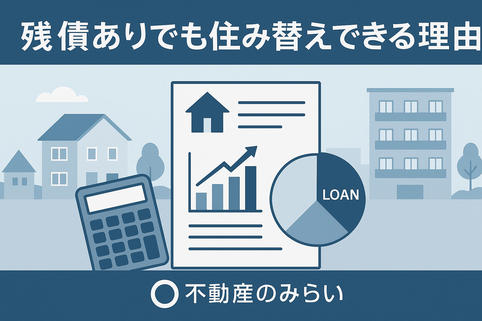 住宅ローン残債と住み替え資金計画の説明イメージ（電卓・書類）