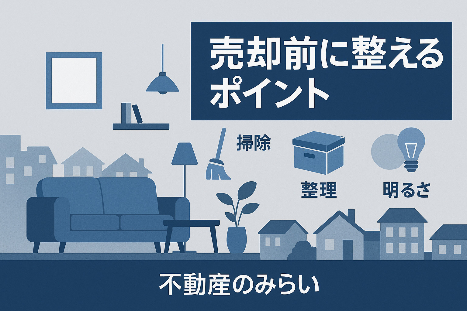 売却前に整えるべきポイント（片付け・明るさ・清潔感）を示す図