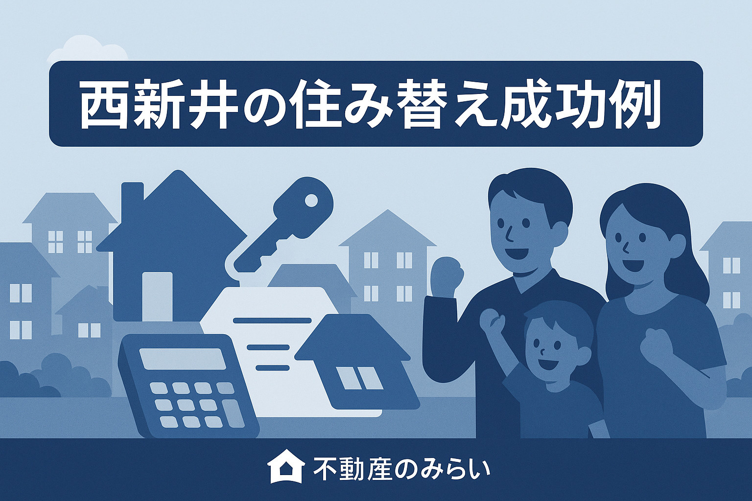 西新井での住み替え成功事例を表現するイラスト（家族・新居アイコン）