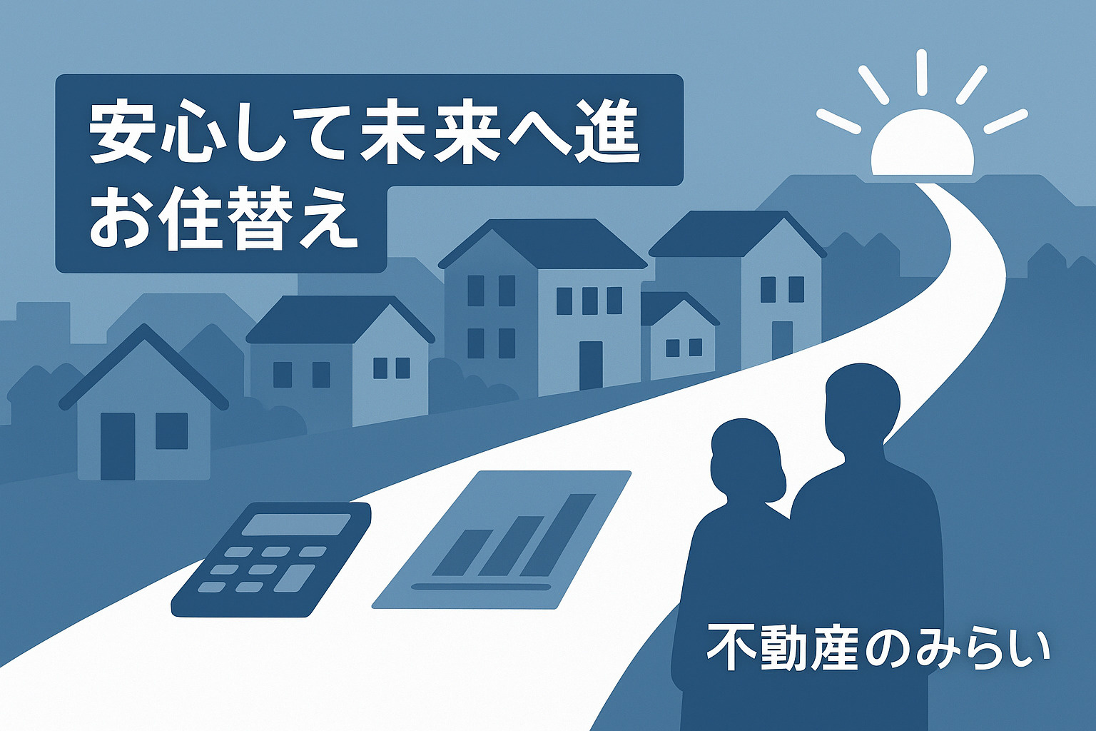住み替えのまとめ・未来への前進をイメージした家と道のシルエット画像