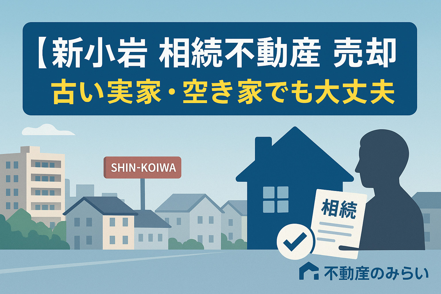 葛飾区新小岩の相続不動産売却ガイドのタイトル画像（住宅街・相続書類イラスト）